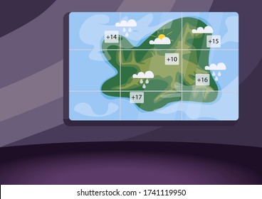 Weather Forecast Studio Flat Color Vector Illustration. Empty Meteo News Studio 2D Cartoon Interior With Atmospheric Precipitation Map On Background. Regional Meteorological Condition Prediction