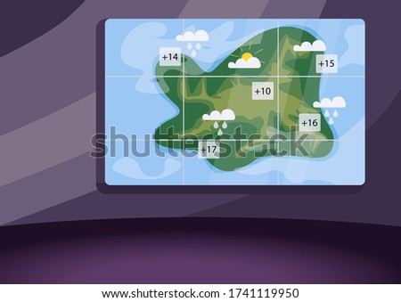 Weather forecast studio flat color vector illustration. Empty meteo news studio 2D cartoon interior with atmospheric precipitation map on background. Regional meteorological condition prediction