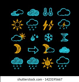 
Weather forecast style icons hand-drawn on chalk board. Vector illustration