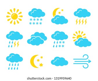 Weather forecast symbol collection. Flat icon set for sunny, rainy, cloudy days. Meteo & climate signs. Isolated object on white background