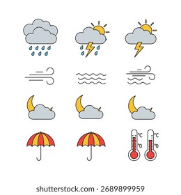 Weather forecast symbols representing different atmospheric conditions and climate patterns.