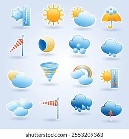 Weather forecast tablet mobile symbols widget icons set with clouds and rainbow