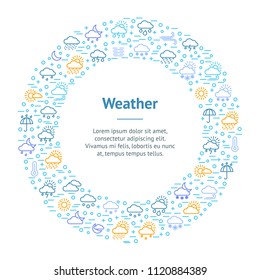 Weather Forecast Thin Line Banner Card Circle Include of Sun, Temperature, Storm, Cloud, Rain, Snow, Thunderstorm and Wind. Vector illustration
