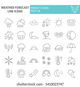 Weather forecast thin line icon set, climate symbols collection, vector sketches, logo illustrations, meteorology signs linear pictograms package isolated on white background, eps 10.