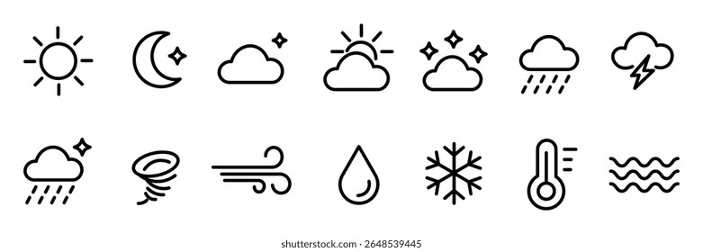 Pronóstico de Clima Ilustración vectorial de conjunto de iconos de línea delgada. pronóstico, clima, nube, sol, lluvia, Vector de iconos de línea de meteorología 