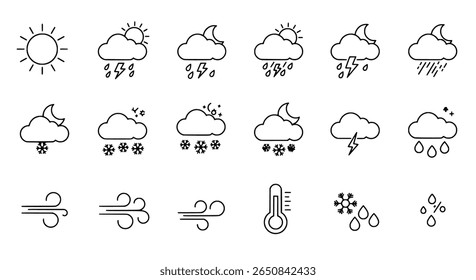Weather forecast thin line icon set. Sun, cloud, and rain outline symbols.