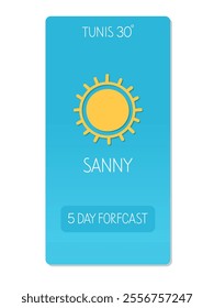 Weather forecast for Tunis indicating sunny conditions with a temperature of 30 degrees