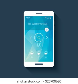 Weather forecast ui for smartphone app. Mobile user interface template with line icons on low poly background. Eps10 vector illustration.