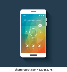 Weather forecast ui for smartphone app. Mobile user interface template with line icons on low poly background. Eps10 vector illustration.