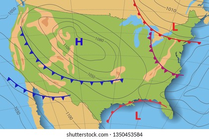 Weather forecast USA. Meteorological weather map of the United State of America. Realistic synoptic map with aditable generic map showing isobars and weather fronts. Topography and physical map.EPS 10