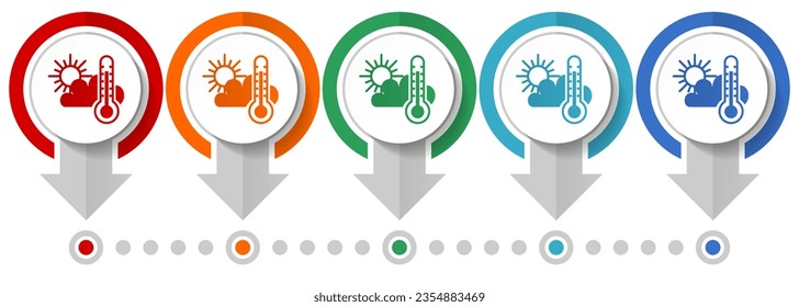 Weather forecast vector icon set, flat design infographic template, set pointer concept icons in 5 color options for webdesign and mobile applications