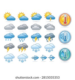 Weather Forecast Vector Icon Set - Meterology Icons for Sun, Rain, Thunderstorm, Snow, Wind, and Temperature