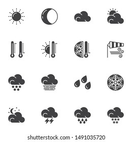 Weather forecast vector icons set, modern solid symbol collection, filled style pictogram pack. Signs, logo illustration. Set includes icons as temperature thermometer, windsock, cloud, rain, snow