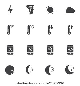 Weather forecast vector icons set, modern solid symbol collection, filled style pictogram pack. Signs logo illustration. Set includes icons as lightning, tornado, sunny, cloud, temperature thermometer