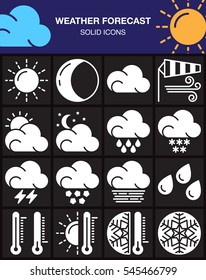 Weather forecast vector icons set, modern solid symbol collection, white pictogram pack isolated on black. Signs, logo illustration