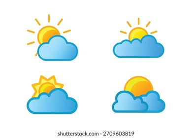 Iconos del vector del pronóstico del Clima con los símbolos del sol y de la nube en blanco
