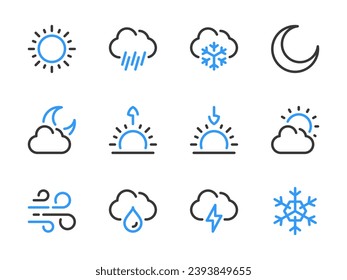 Weather and Forecast vector line icons. Meteorology and Climate outline icon set. Sunset, Cloud, Snowflake, Sunrise, Wind, Sun, Crescent, Snowstorm and more.