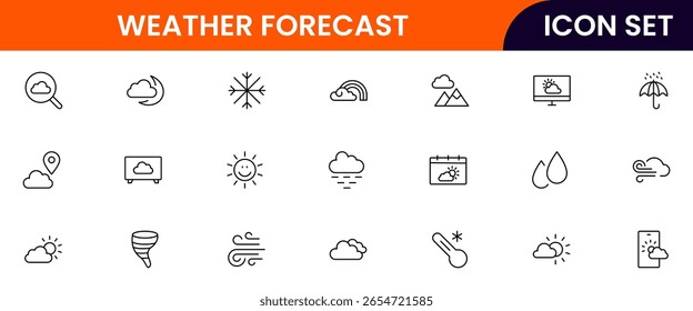 colección de iconos de línea de Web de Vector de pronóstico de Clima, ilustraciones elegantes de nubes, sol, termómetros, pronósticos para diseños claros y dinámicos.