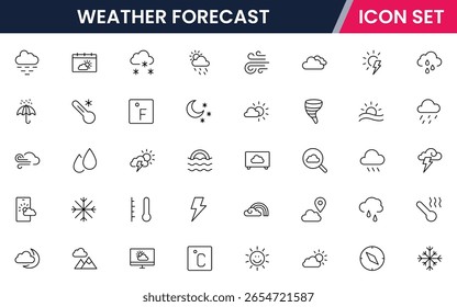 Previsão do tempo vetor web line icon collection, ilustrações elegantes de nuvens, sol, termômetros, previsões para projetos claros e dinâmicos.