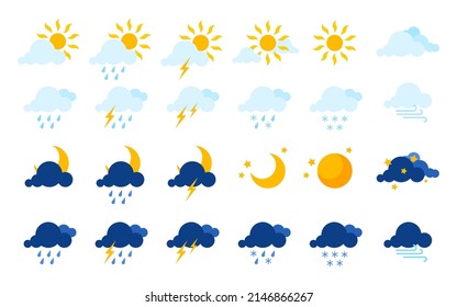 Weather forecast web interface element flat set. Custom nature sky object for meteorology website warm cold climate. Sun rainy cloud moon star rain snow lightning wind etc icon isolated on white