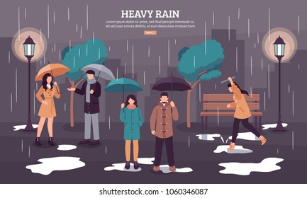 Weather forecast web page with heavy rain on dark cloudy day with people under umbrellas vector illustration 