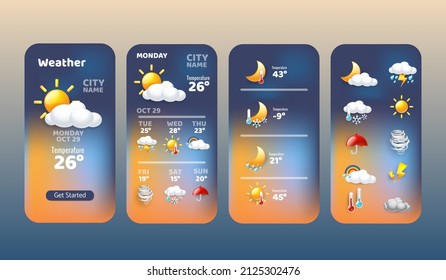 weather forecast widget collection icon mobile application program with Rain Cloud Sun Snowing Windy and Sunlight symbol vector illustration concept