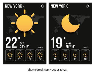 widget de previsión meteorológica. Plantillas de aplicaciones meteorológicas diurnas y nocturnas. Con un mapa de la tierra. En el estilo de papel, sobre un fondo oscuro