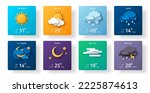 Weather forecast widget icon set paper cut style. Vector illustration. 3d mobile app ui design, daily application template, climate cartoon sign. Thunderstorm, rain, sunny day, fog, winter snow, night