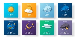 Weather Forecast Widget Icon Set Paper Cut Style. Vector Illustration. 3d Mobile App Ui Design, Daily Application Template, Climate Cartoon Sign. Thunderstorm, Rain, Sunny Day, Fog, Winter Snow, Night