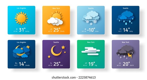 Weather forecast widget icon set paper cut style. Vector illustration. 3d mobile app ui design, daily application template, climate cartoon sign. Thunderstorm, rain, sunny day, fog, winter snow, night - Shutterstock ID 2225874613