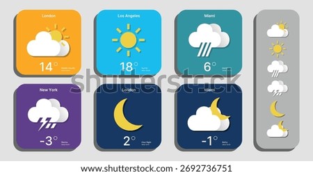 Weather forecast widget icon set paper cut style. Vector illustration. 3d mobile app ui design, daily application template