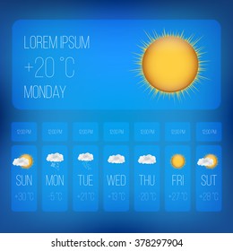 Weather Forecast Widget Mobile Application Program. Weather Set Of Meteo Icons. Season Icons. Season Cloud, With Sun, Rain, Snowflakes, Lightning. Vector Illustration