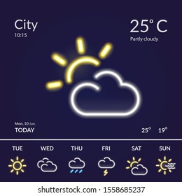 Weather forecast widget with neon glow effect. Interface for mobile applications and web sites. Vector illustration.