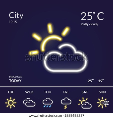 Weather forecast widget with neon glow effect. Interface for mobile applications and web sites. Vector illustration.