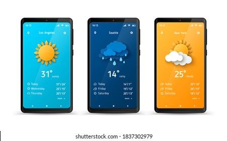 Weather forecast widget at smartphone screen. Vector illustration. Mobile phone with daily weather forecast application template. Sun, clouds, thunderstorm and rain