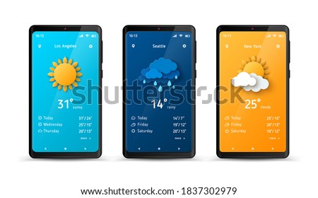 Weather forecast widget at smartphone screen. Vector illustration. Mobile phone with daily weather forecast application template. Sun, clouds, thunderstorm and rain