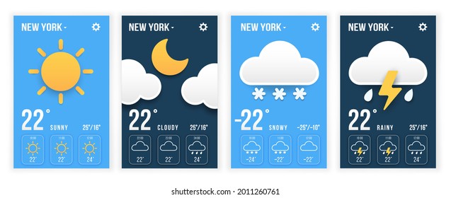 Weather Forecast Widget. Sunny, Cloudy, Snow, Rainy, Weather App Templates. In Paper Style