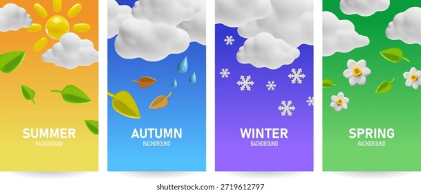 Widget de pronóstico de Clima con diseño 3D de varias estaciones. Invierno, verano, primavera y otoño. Sitio web o App móvil UI signo climático diario. Símbolos soleados, lluviosos, de meteorología de nieve