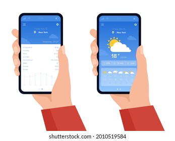 Weather forecast widget. Vector elements for weather forecast for web and mobile application program. Hands holding smartphone with flat Ui Ux design. Temperature, atmospheric pressure, Uv index, wind