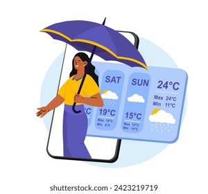 Weather forecast woman concept. Young girl with umbrella at smartphone screen. Rainy and cloudy weather, temperature. Cartoon flat vector illustration isolated on white background