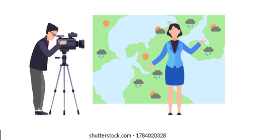 Weather Forecast. Woman Meteorologist Reporter Standing On Background Of Map With Microphone And Male Operator With Camera In Studio, Meteorology Concept Cartoon Flat Vector Isolated Illustration