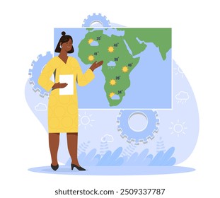 Weather forecast. Woman stands near map with pinpoints. Meteorological show at television, tv industry. Reporter with weather prediction. Flat vector illustration isolated on white background