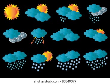 weather forecast,different weather symbols in gradient tones isolated on black background,seasons,creative computer graphic design,vector