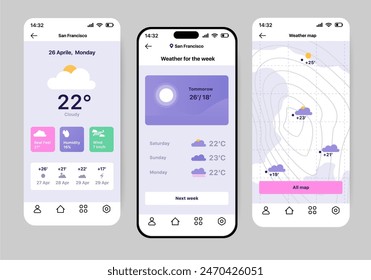 Weather forecaster app concept in flat design. The bright design of the application for monitoring the weather forecast, which looks good and is easy to use. Vector Illustration.