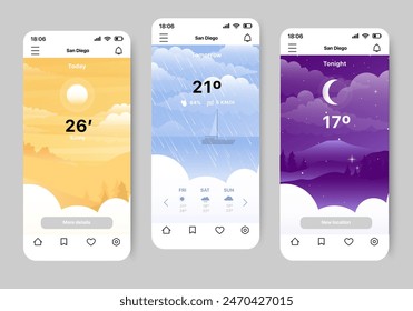 Weather forecaster app concept in flat design. A convenient and beautiful mobile application for tracking the weather forecast, made in a beautiful modern style. Vector Illustration.