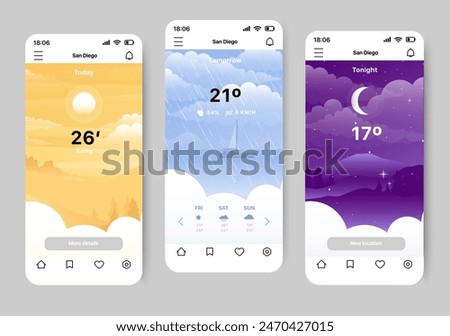 Weather forecaster app concept in flat design. A convenient and beautiful mobile application for tracking the weather forecast, made in a beautiful modern style. Vector Illustration.
