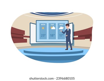 Weather forecaster, male presenter, flat cartoon vector illustration isolated on white background. Young man shows the weather forecast on the screens. Prediction for day, reporter of news tv channel