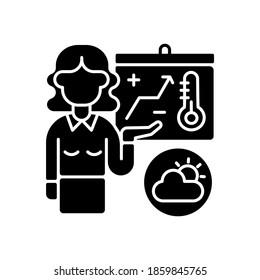 Weather forecasters black glyph icon. Meteorologist. Atmosphere conditions. Barometric pressure. Temperature and precipitation. Silhouette symbol on white space. Vector isolated illustration