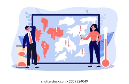 Weather forecasters telling about global warming next to board. Thermometer with rising temperature, hourglass, weather forecast vector illustration. Climate change, meteorology concept