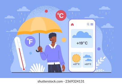 Wettervorhersage Mann mit Regenschirm in der Nähe von Smartphone-Bildschirm. Herbst- und Herbstsaison und windiges nes Wetter. Fahrenheit und Celsius. Cartoon-Flavektor-Vektorgrafik